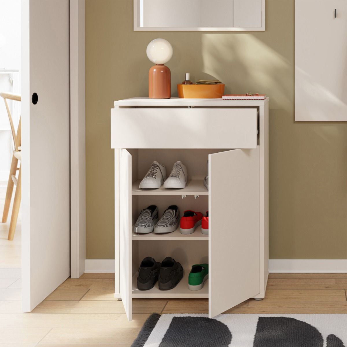 Alice Springs Shoe Cabinet – Sand Finish with 2 Doors &amp; Drawer