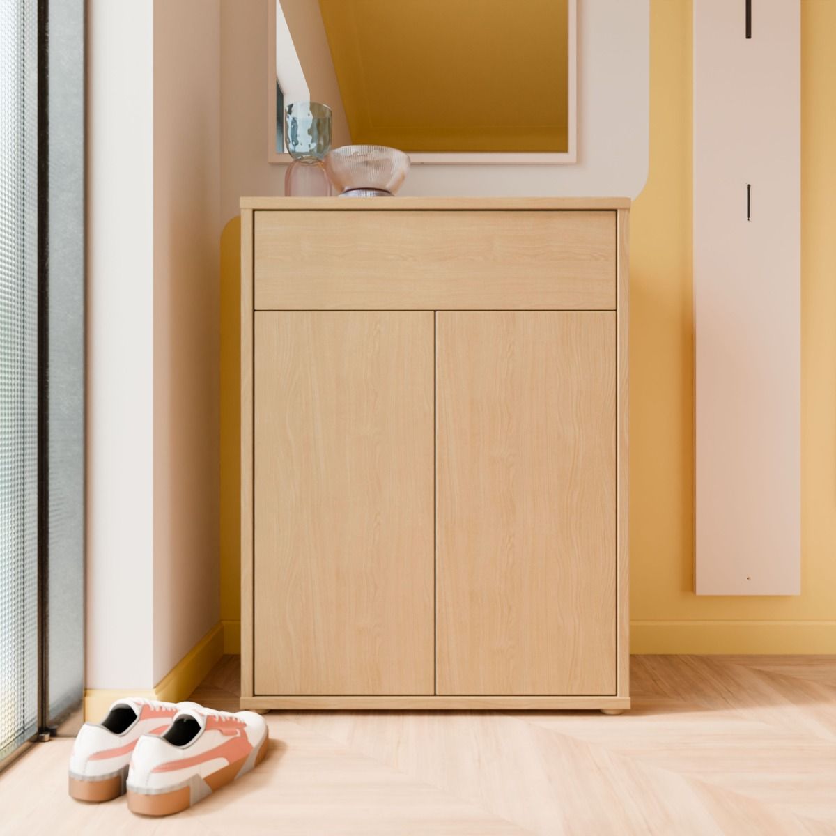 Alice Springs Shoe Cabinet – Elegancia Oak Finish with 2 Doors &amp; Drawer