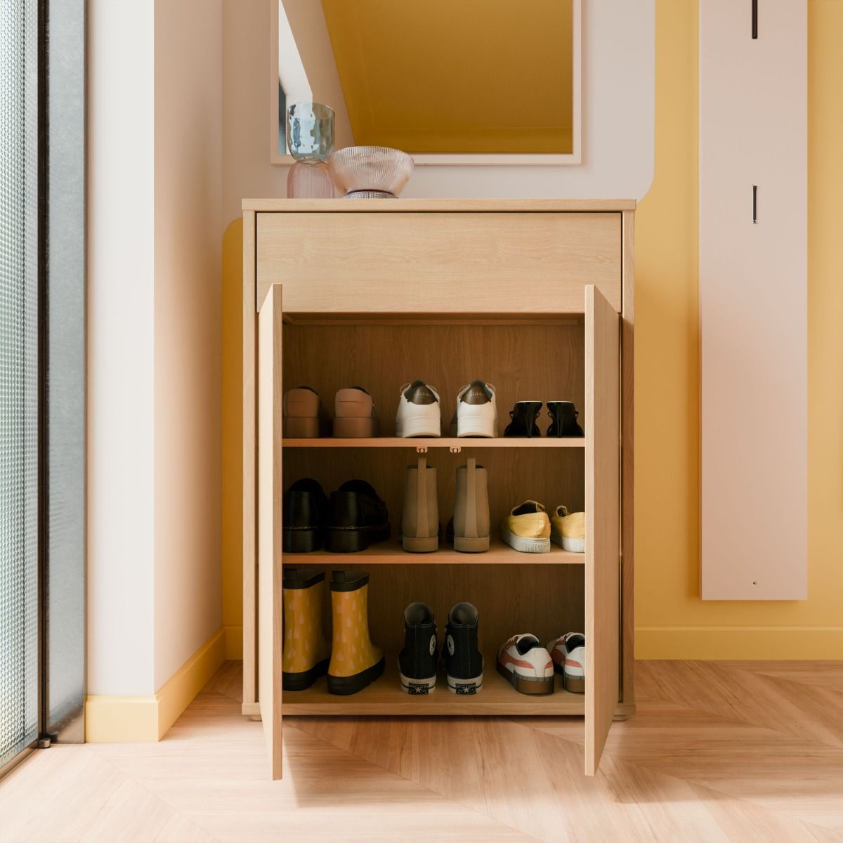 Alice Springs Shoe Cabinet – Elegancia Oak Finish with 2 Doors &amp; Drawer