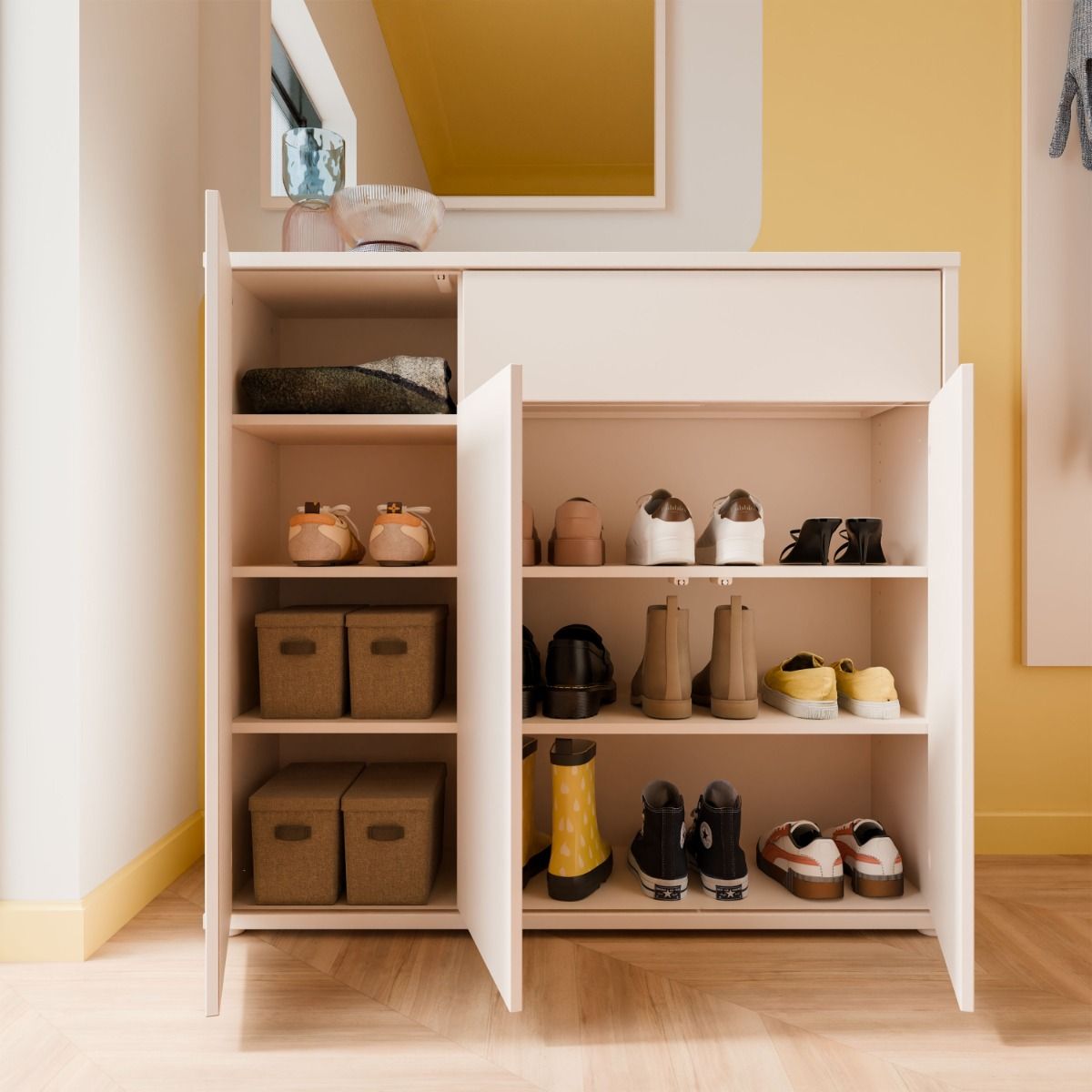 Alice Springs Shoe Cabinet – Sand Finish with 3 Doors &amp; Drawer