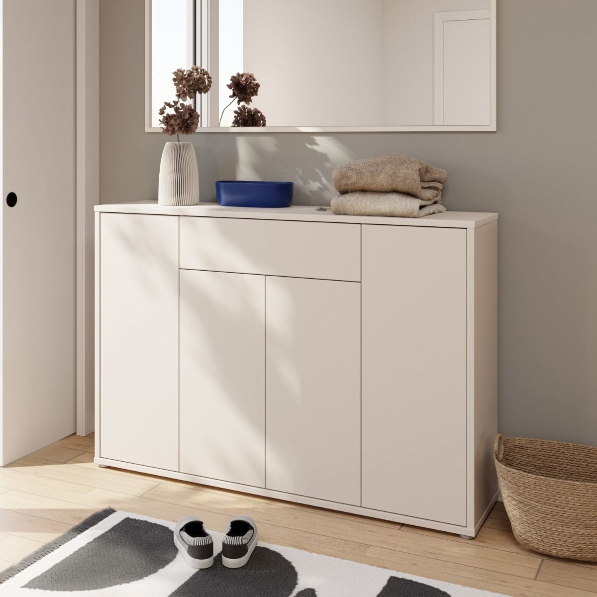 Alice Springs Shoe Cabinet – Sand Finish with 4 Doors &amp; Drawer