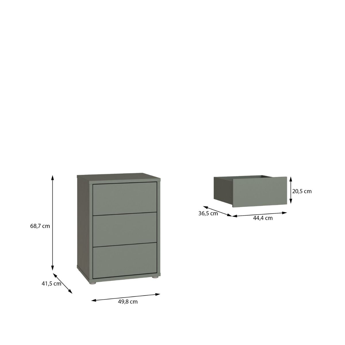 Alice Springs Bedside Cabinet – Sage Green Finish with 3 Drawers