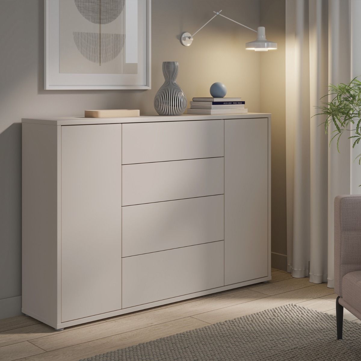 Alice Springs Wide Sideboard – Sand Finish with 4 Drawers &amp; 2 Doors