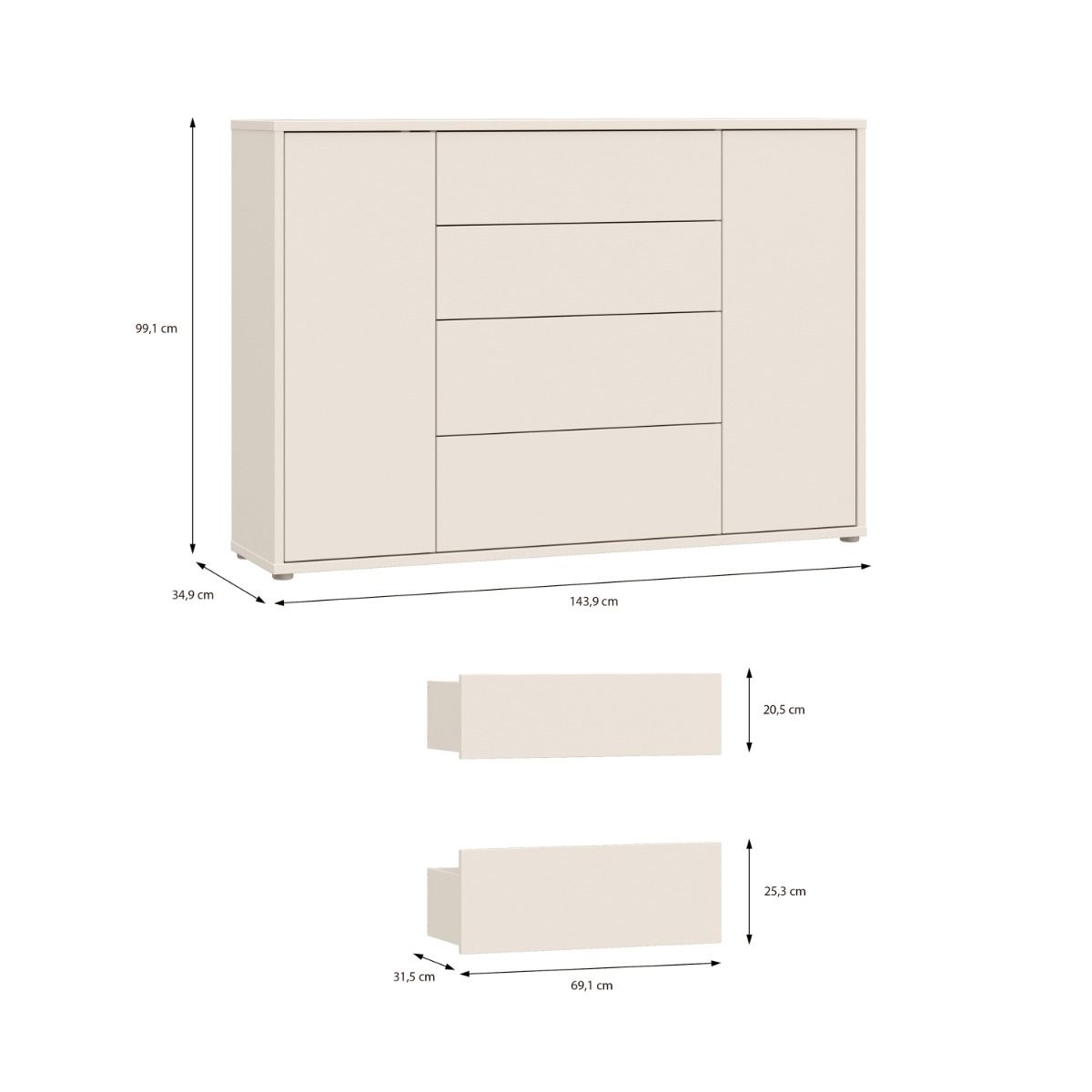 Alice Springs Wide Sideboard – Sand Finish with 4 Drawers &amp; 2 Doors