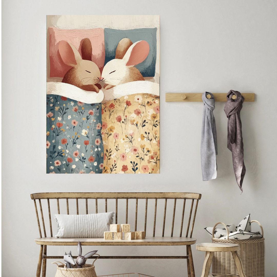 Cozy Rabbits Nighttime Nursery Art Print - INSIDE HOUSE