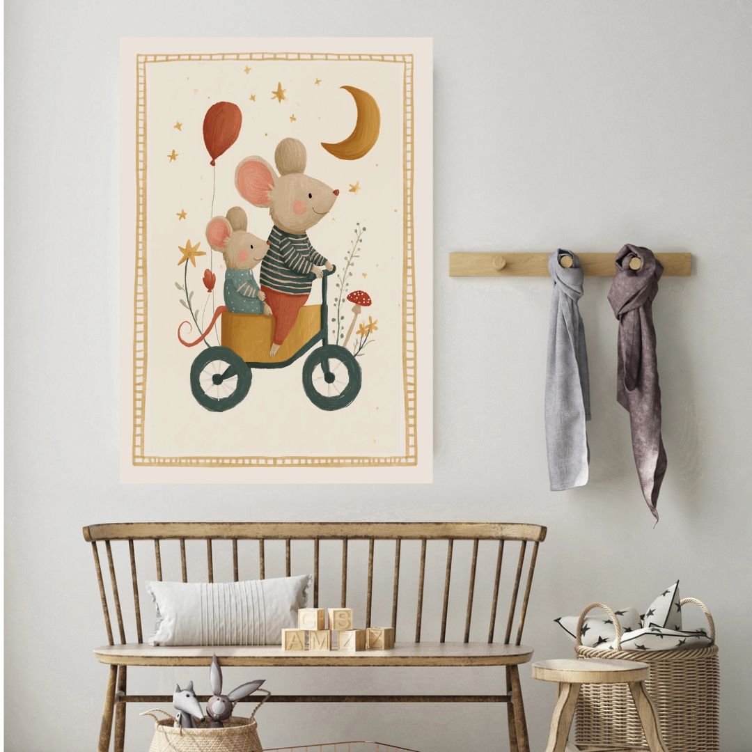 Cute Mouse Tricycle Vintage Nursery Book Art Print - INSIDE HOUSE