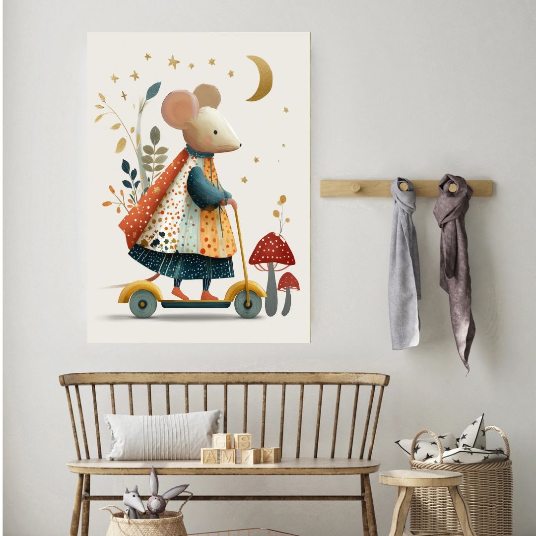 Cute Mouse Scooter Vintage Nursery Book Art Print - INSIDE HOUSE