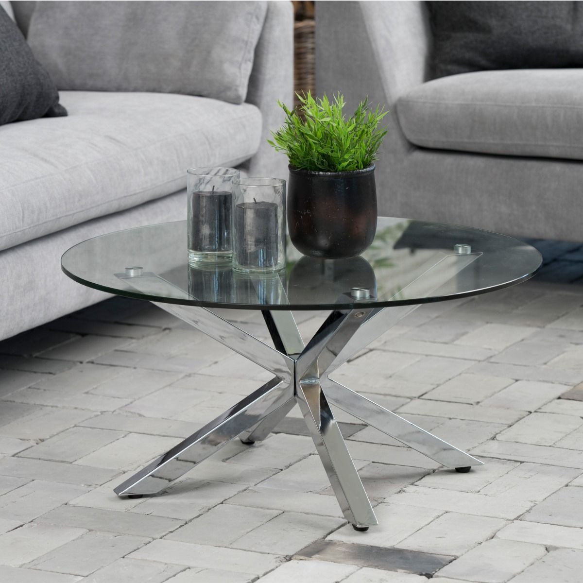 Heaven Round Coffee Table with Glass Top and Chrome Legs - INSIDE HOUSE