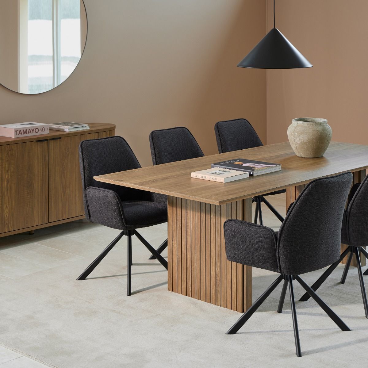 Glenda Dining Chair with Armrest and Swivel in Grey - INSIDE HOUSE