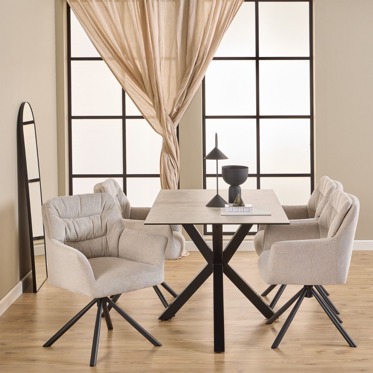 Alonso Swivel Cream Dining Chair with Armrest Set of 2 - INSIDE HOUSE