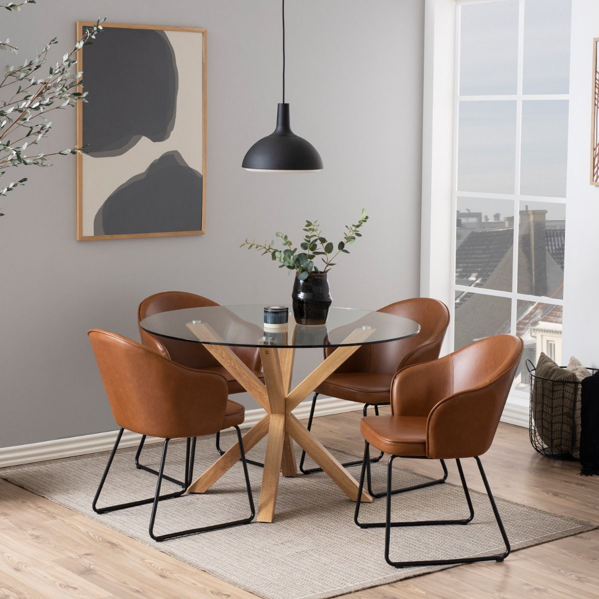 Heaven Round Dining Table with Glass Top and Oak-Look Steel Base 119 x 75.5 cm - INSIDE HOUSE