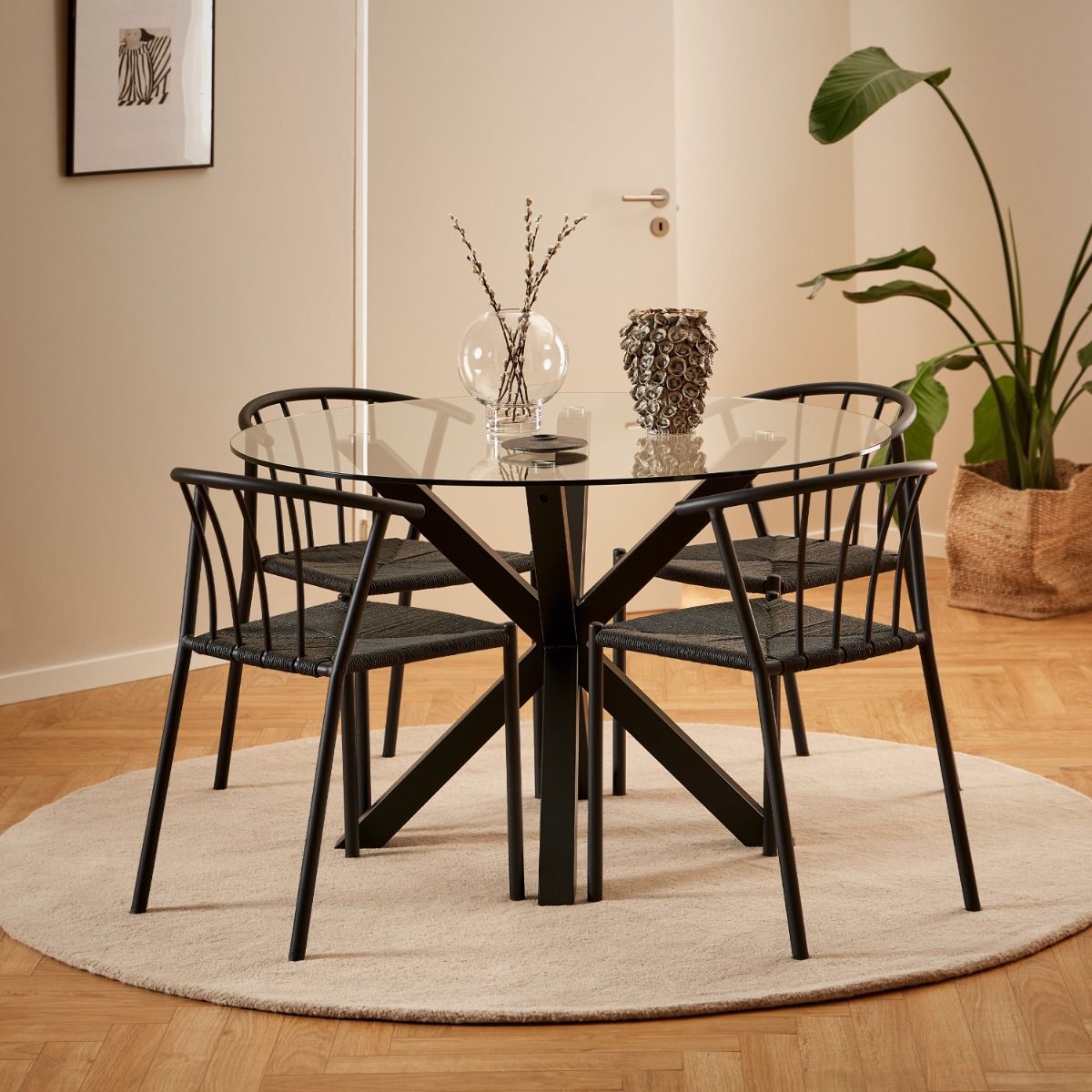 Heaven Round Dining Table with Clear Glass Top and Black Legs 119 x 75.5 cm - INSIDE HOUSE