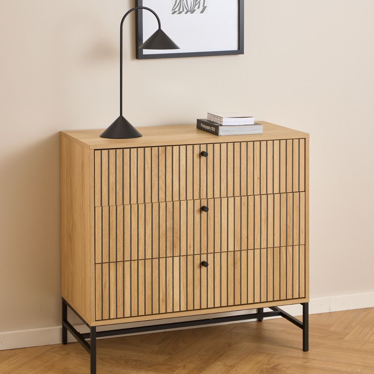 Albany Chest of 3 Drawers in Oak / Black Legs - INSIDE HOUSE