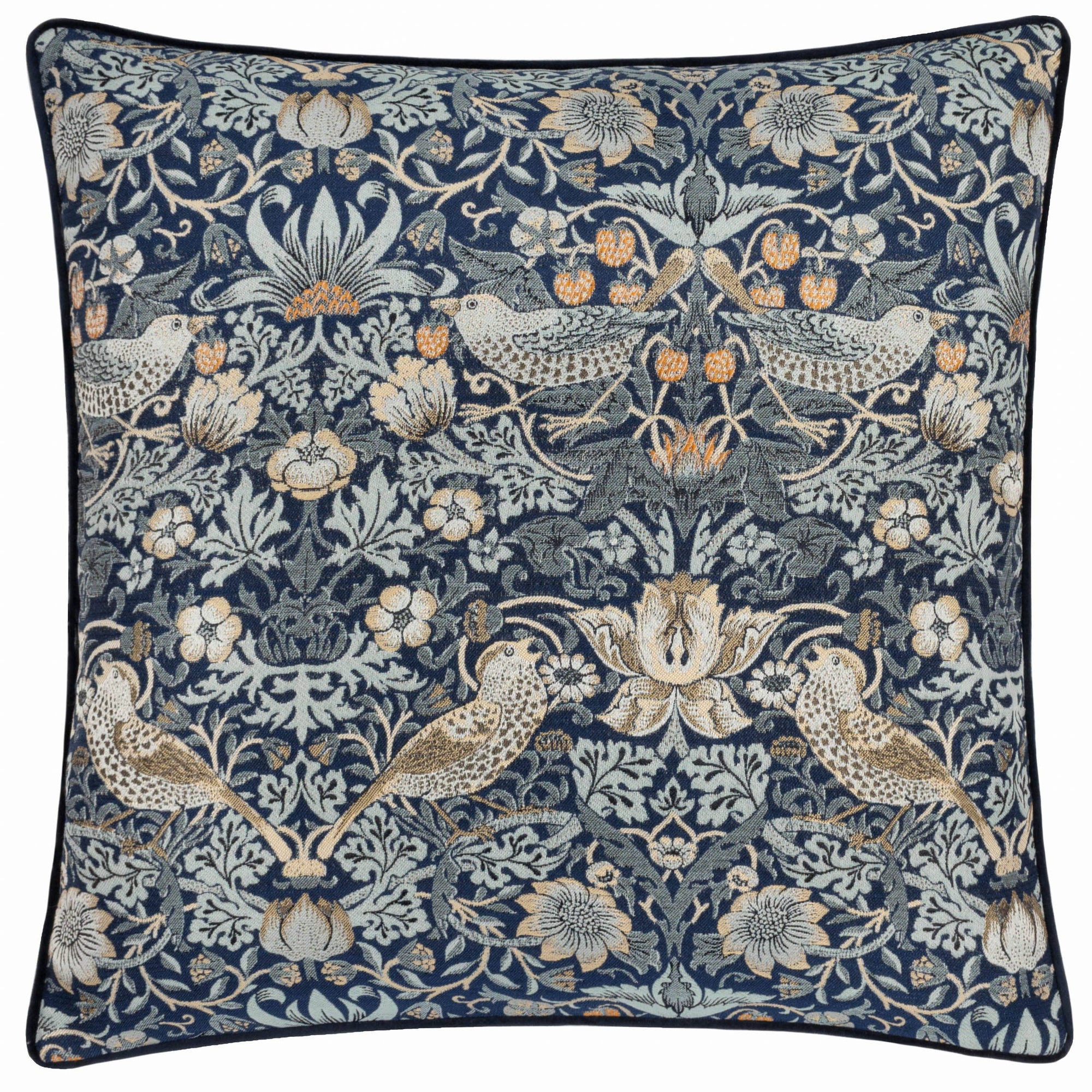 Strawberry Thief Piped Jacquard Cushion Indigo: Indigo / Feather Rich Filled / 55 x 55 - INSIDE HOUSE