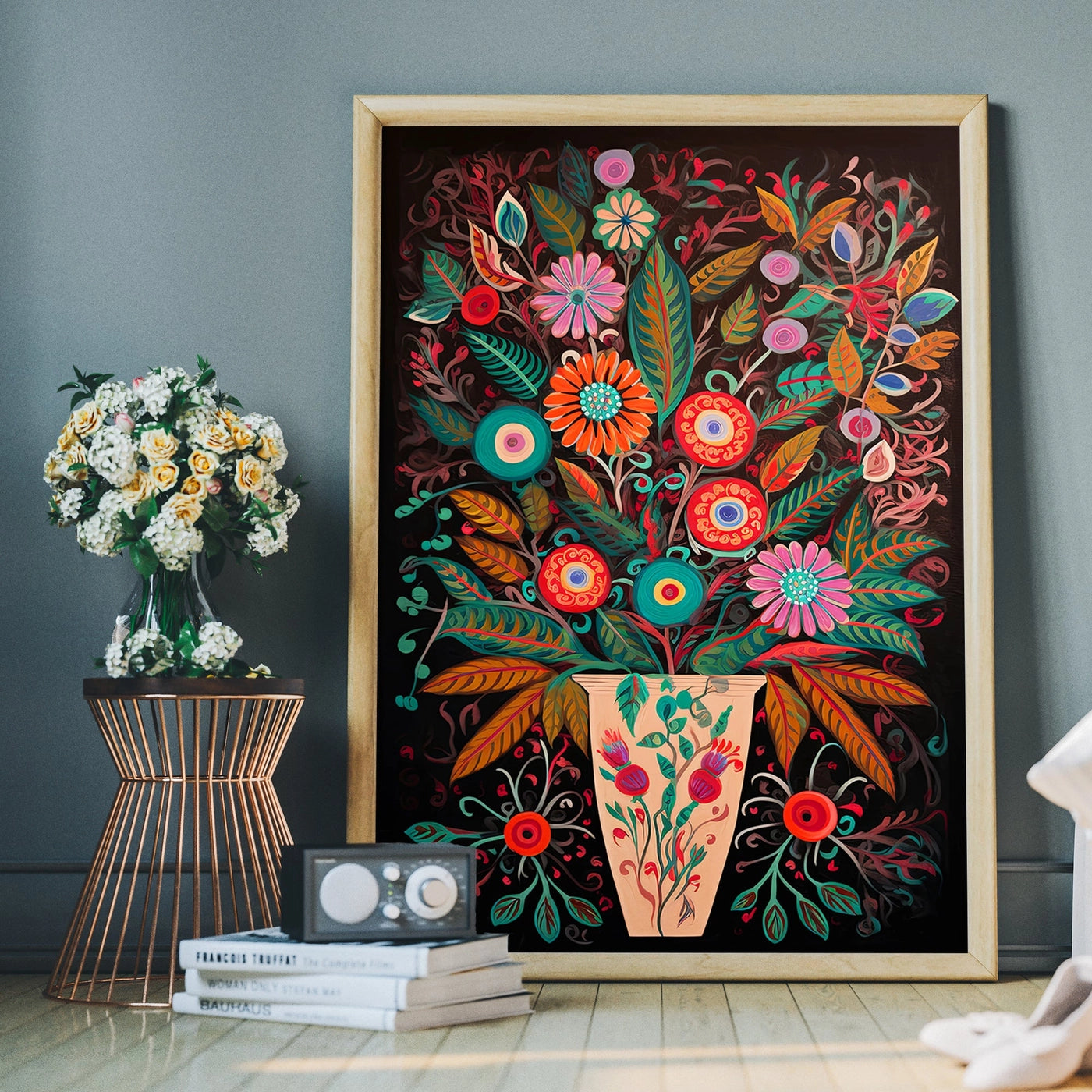 Folk Art Style Flowers Dark Print - INSIDE HOUSE