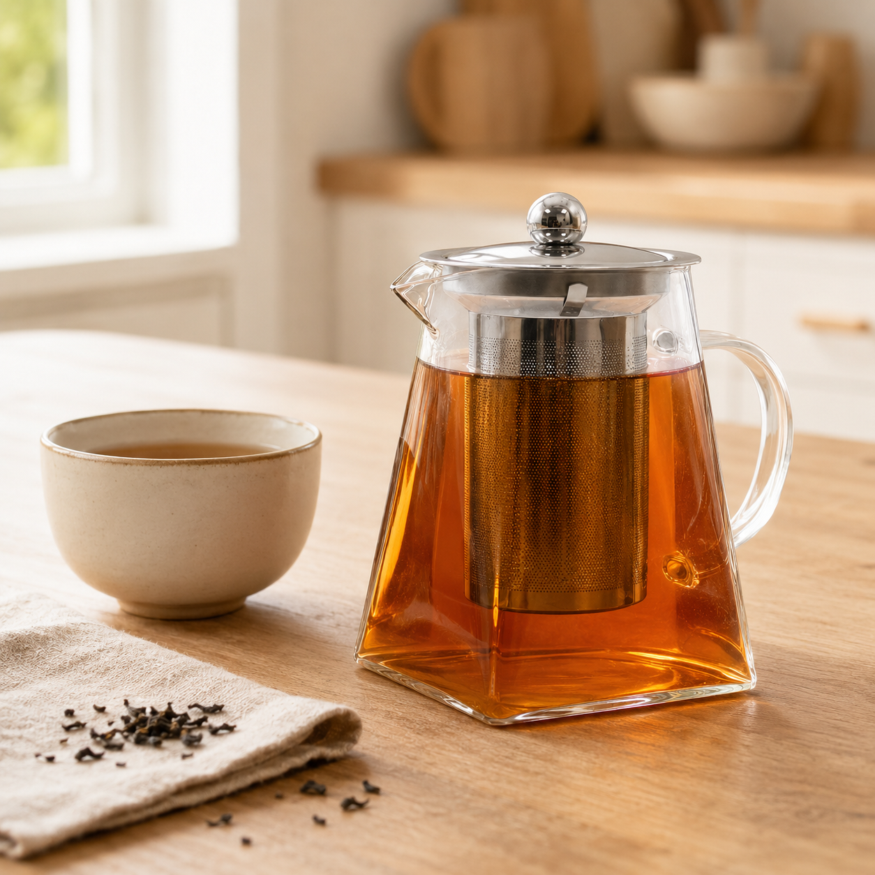 A clear glass teapot filled with amber tea sits on a wooden table beside a matching ceramic cup, with loose tea leaves on a cloth in the foreground and a softly blurred kitchen background.