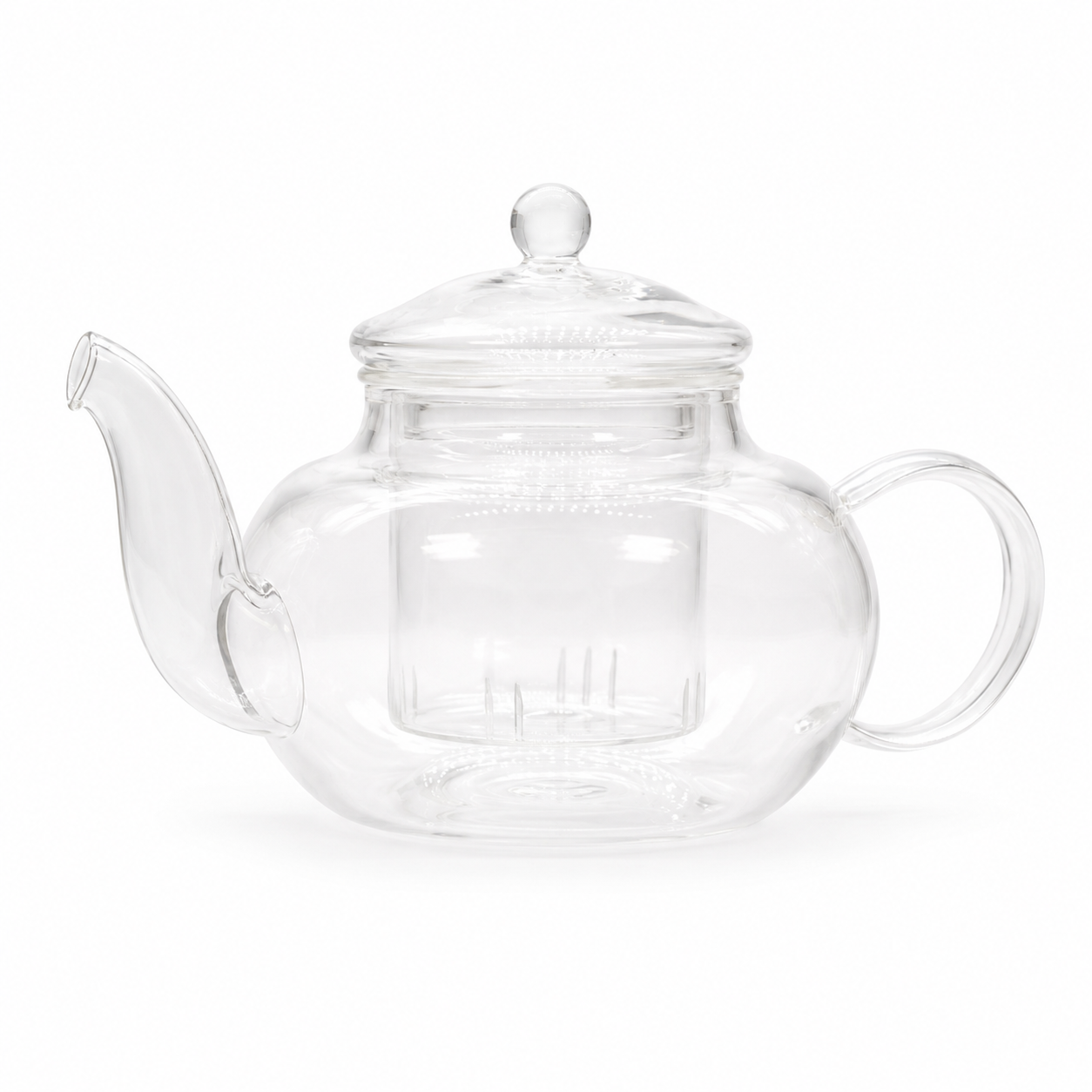A clear glass teapot with a lid, spout, and handle, featuring an integrated glass infuser inside, shown on a plain white background.