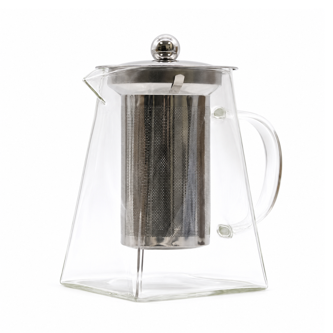 A clear glass teapot with a stainless steel mesh infuser and a polished metal lid, shown on a solid white background.