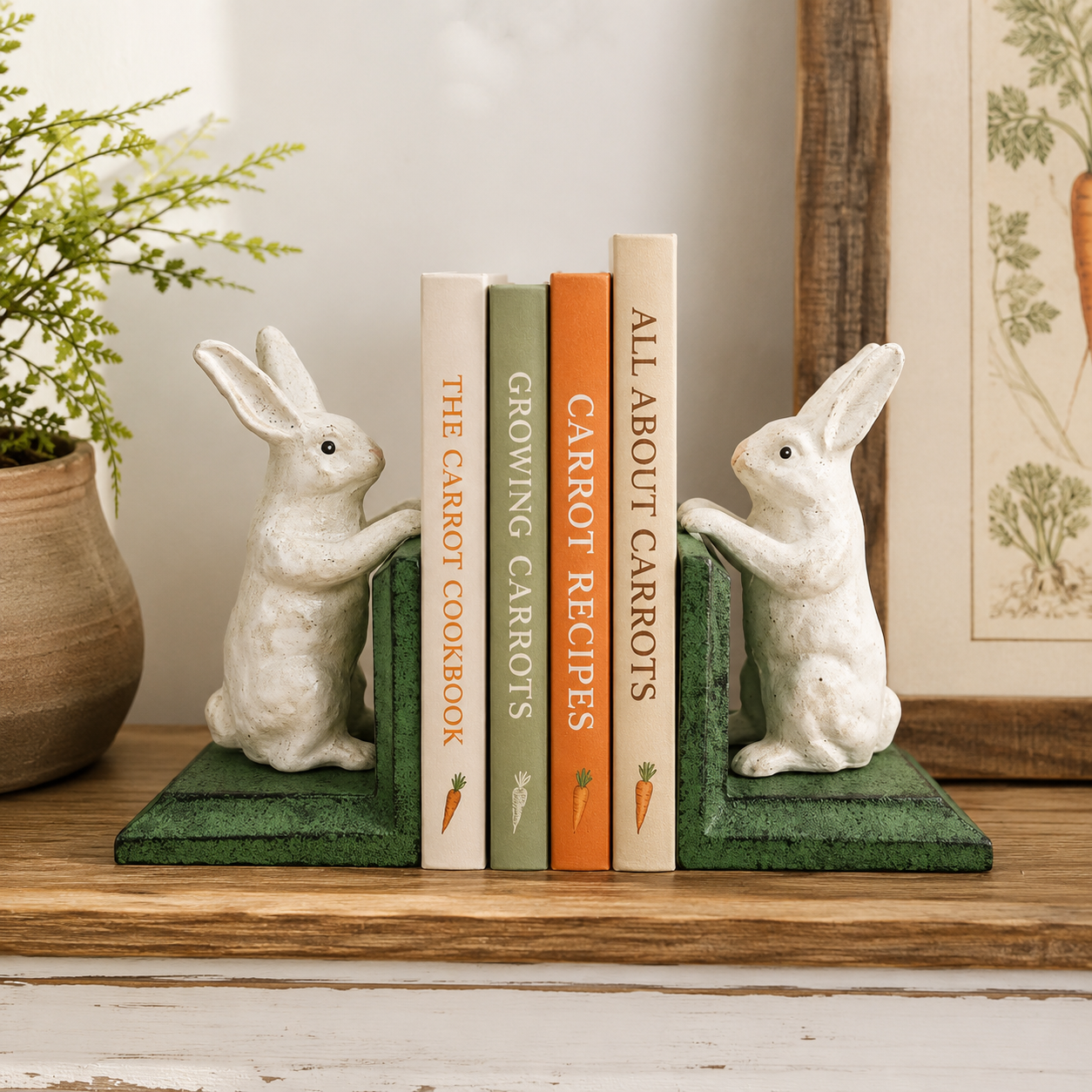 A pair of white rabbit bookends with green rectangular bases holding a set of five books on a wooden shelf, with a potted plant and framed botanical print in the background.