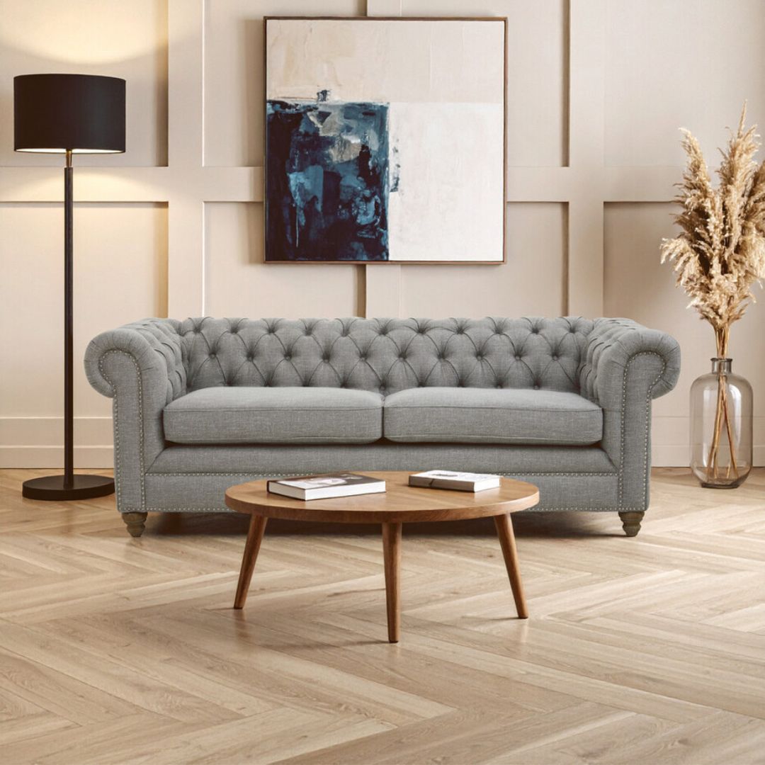 Carlotta Grey Linen Chesterfield 3-Seat Sofa - INSIDE HOUSE