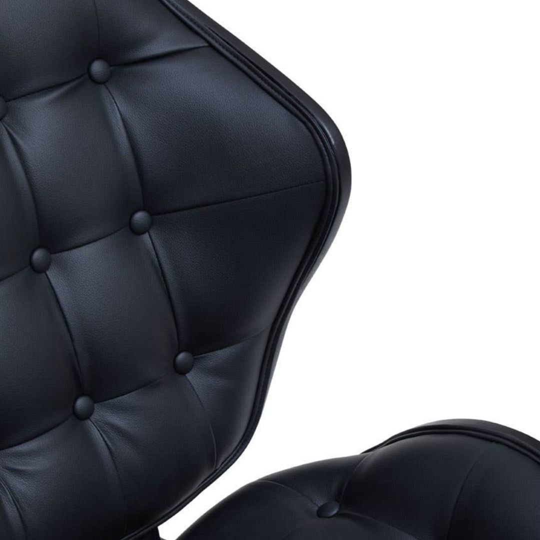 Carlton Tufted Sculptural Lounge Chair – Black Leather Effect & Black Elmwood - INSIDE HOUSE