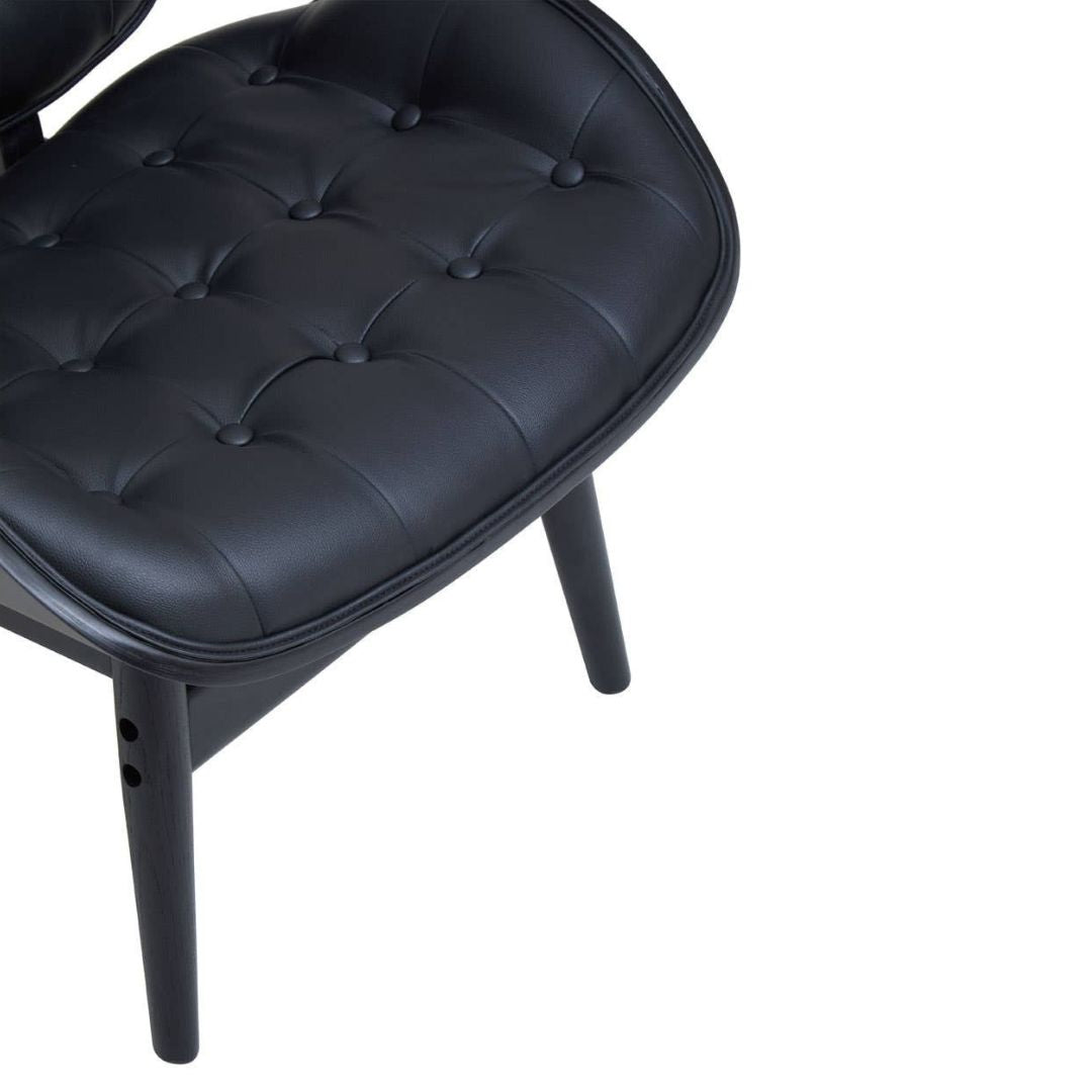 Carlton Tufted Sculptural Lounge Chair – Black Leather Effect &amp; Black Elmwood - INSIDE HOUSE