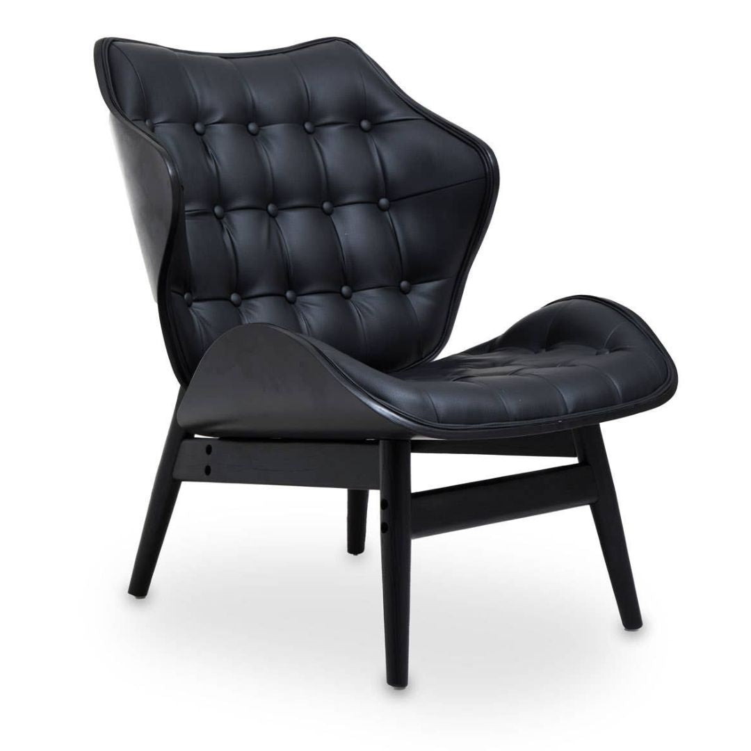 Carlton Tufted Sculptural Lounge Chair – Black Leather Effect & Black Elmwood - INSIDE HOUSE