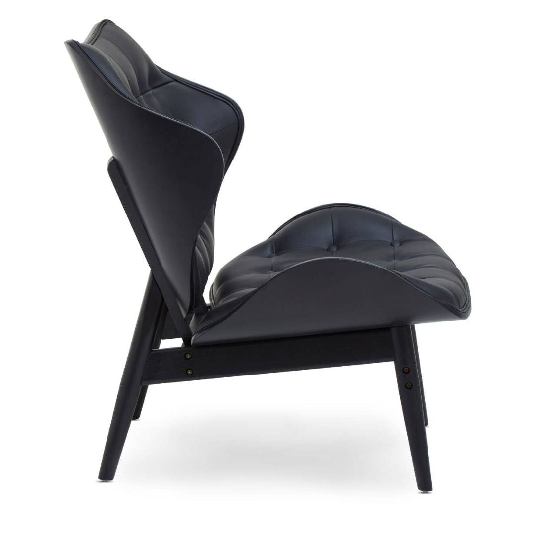 Carlton Tufted Sculptural Lounge Chair – Black Leather Effect & Black Elmwood - INSIDE HOUSE