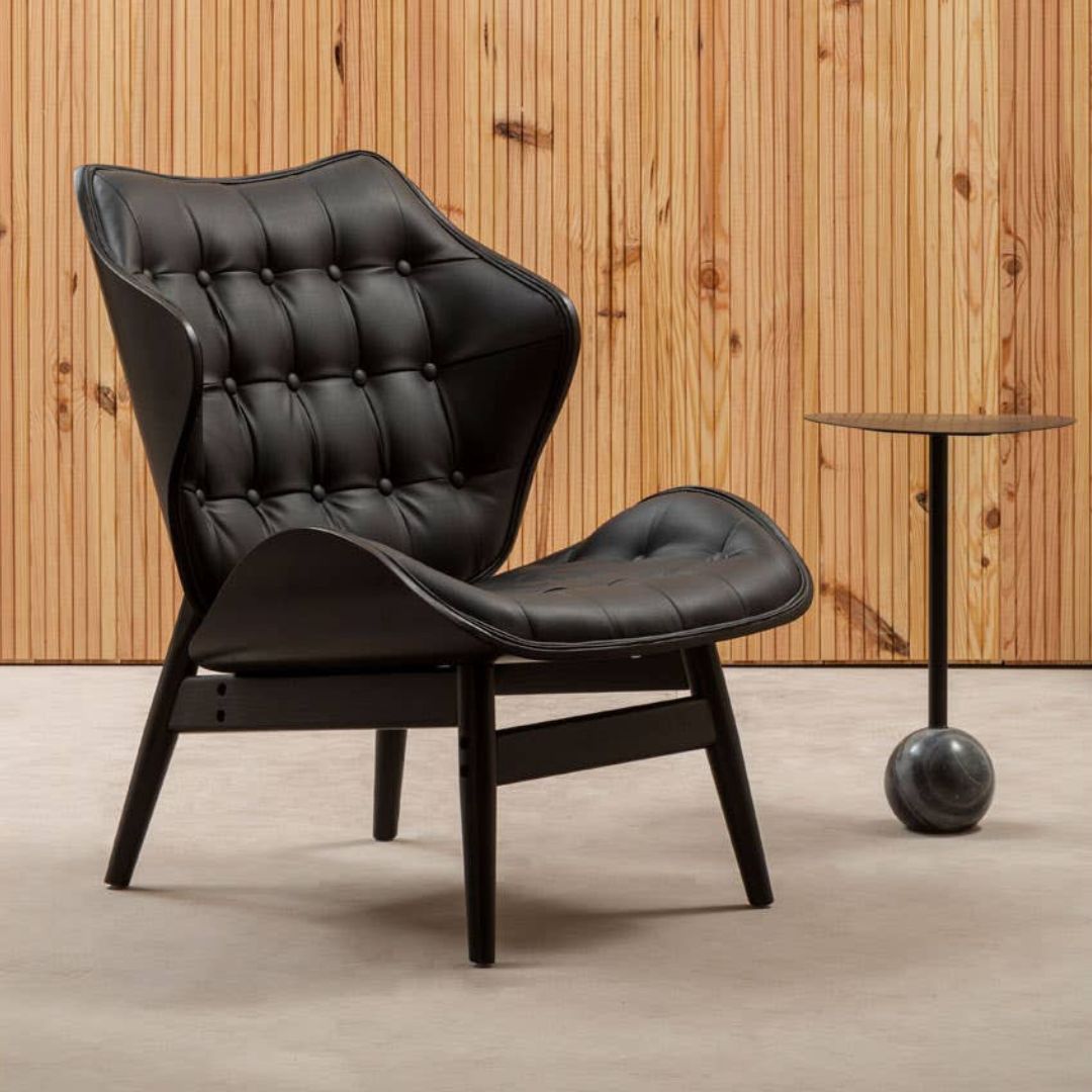 Carlton Tufted Sculptural Lounge Chair – Black Leather Effect &amp; Black Elmwood - INSIDE HOUSE