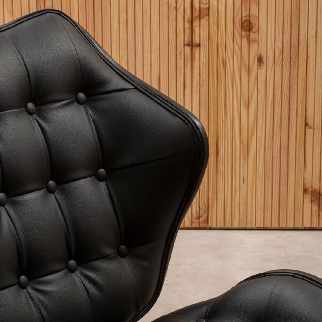 Carlton Tufted Sculptural Lounge Chair – Black Leather Effect &amp; Black Elmwood - INSIDE HOUSE