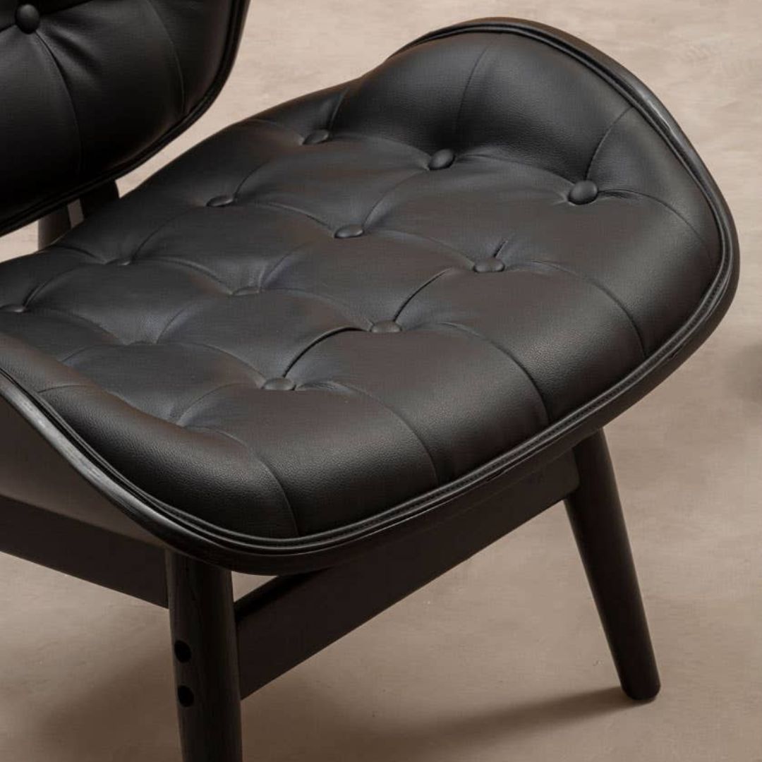 Carlton Tufted Sculptural Lounge Chair – Black Leather Effect &amp; Black Elmwood - INSIDE HOUSE