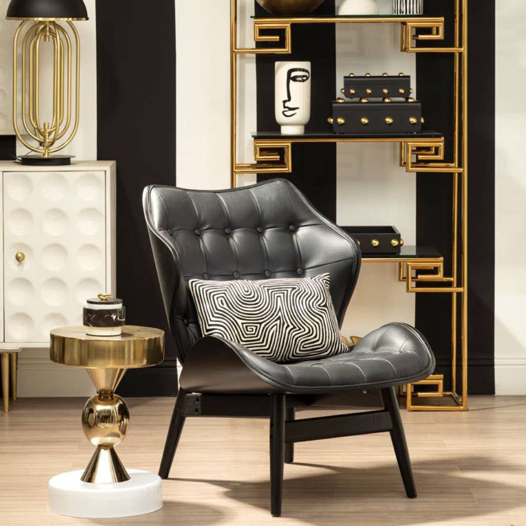 Carlton Tufted Sculptural Lounge Chair – Black Leather Effect &amp; Black Elmwood - INSIDE HOUSE