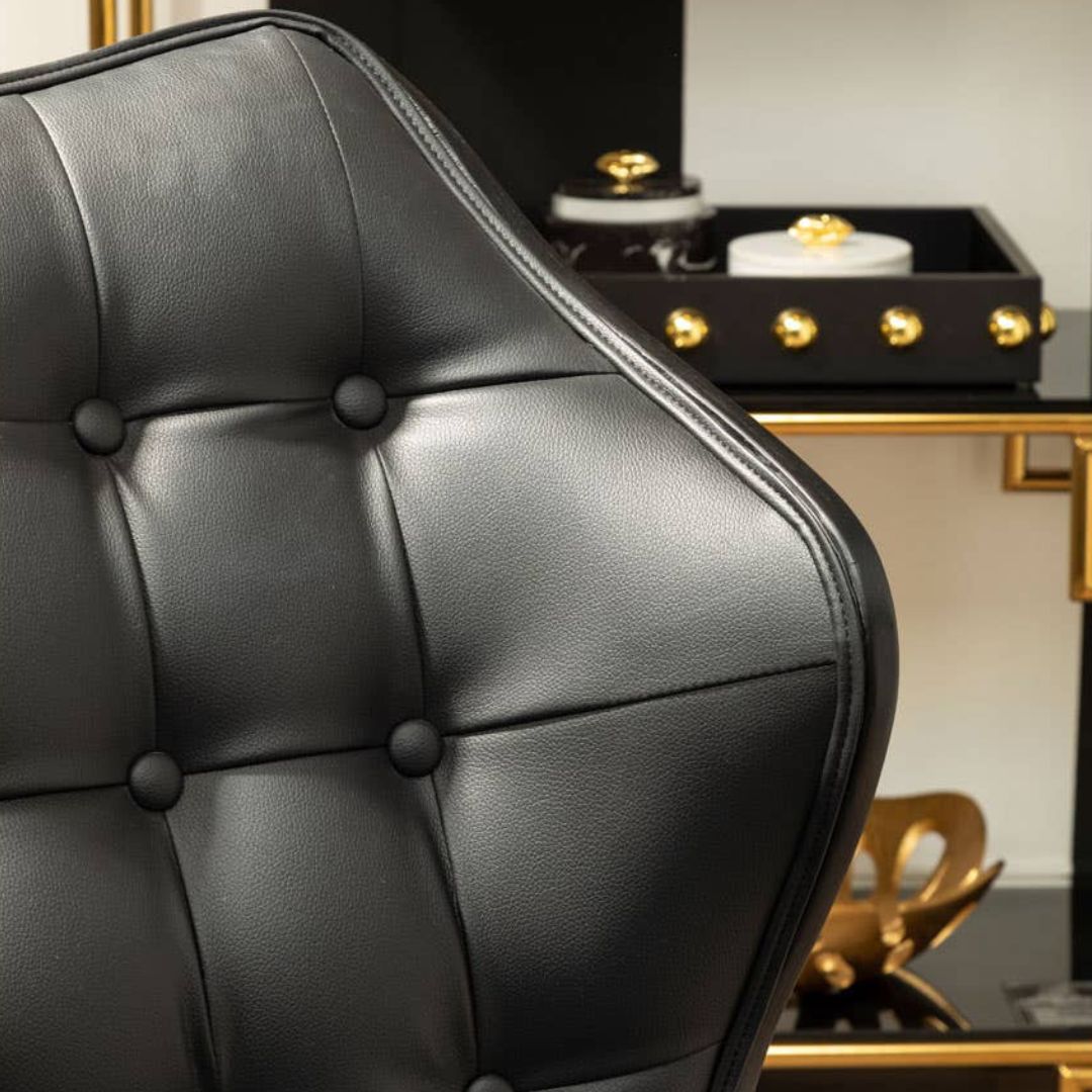 Carlton Tufted Sculptural Lounge Chair – Black Leather Effect &amp; Black Elmwood - INSIDE HOUSE