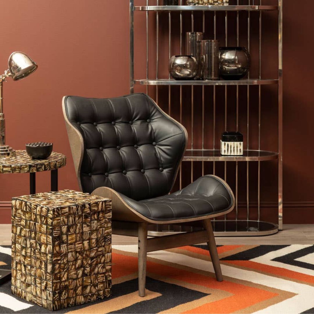 Carlton Tufted Sculptural Lounge Chair – Black Leather Effect &amp; Elmwood