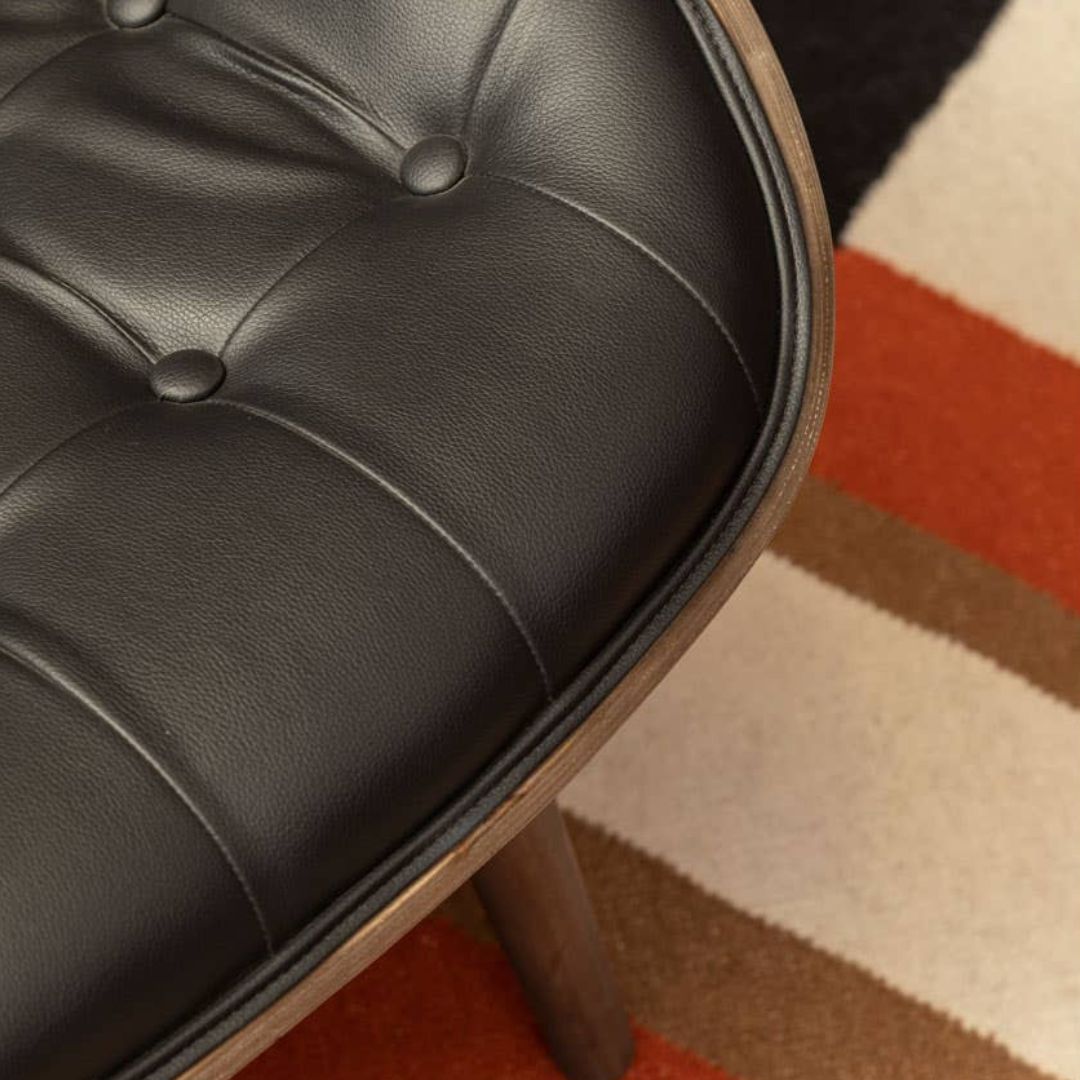 Carlton Tufted Sculptural Lounge Chair – Black Leather Effect &amp; Elmwood
