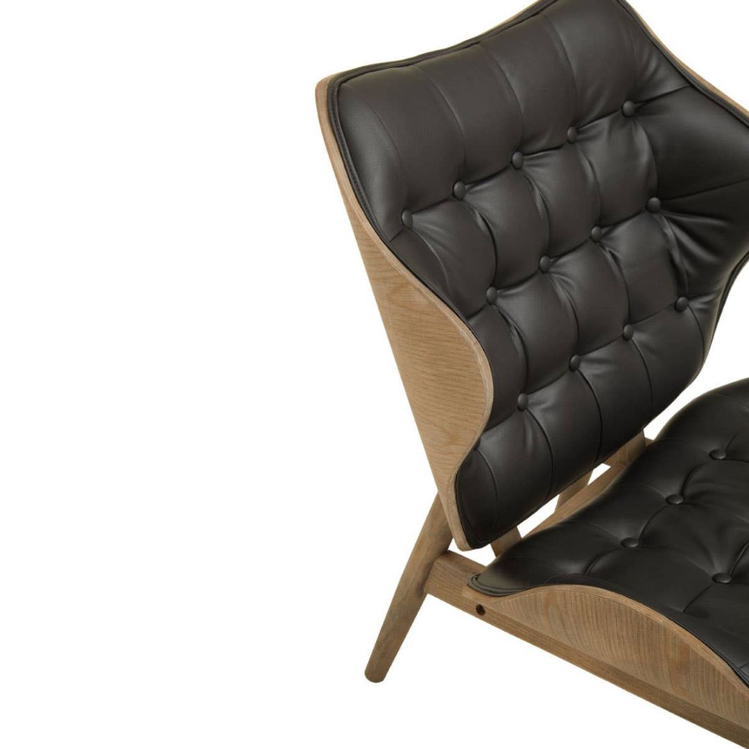 Carlton Tufted Sculptural Lounge Chair – Black Leather Effect &amp; Elmwood