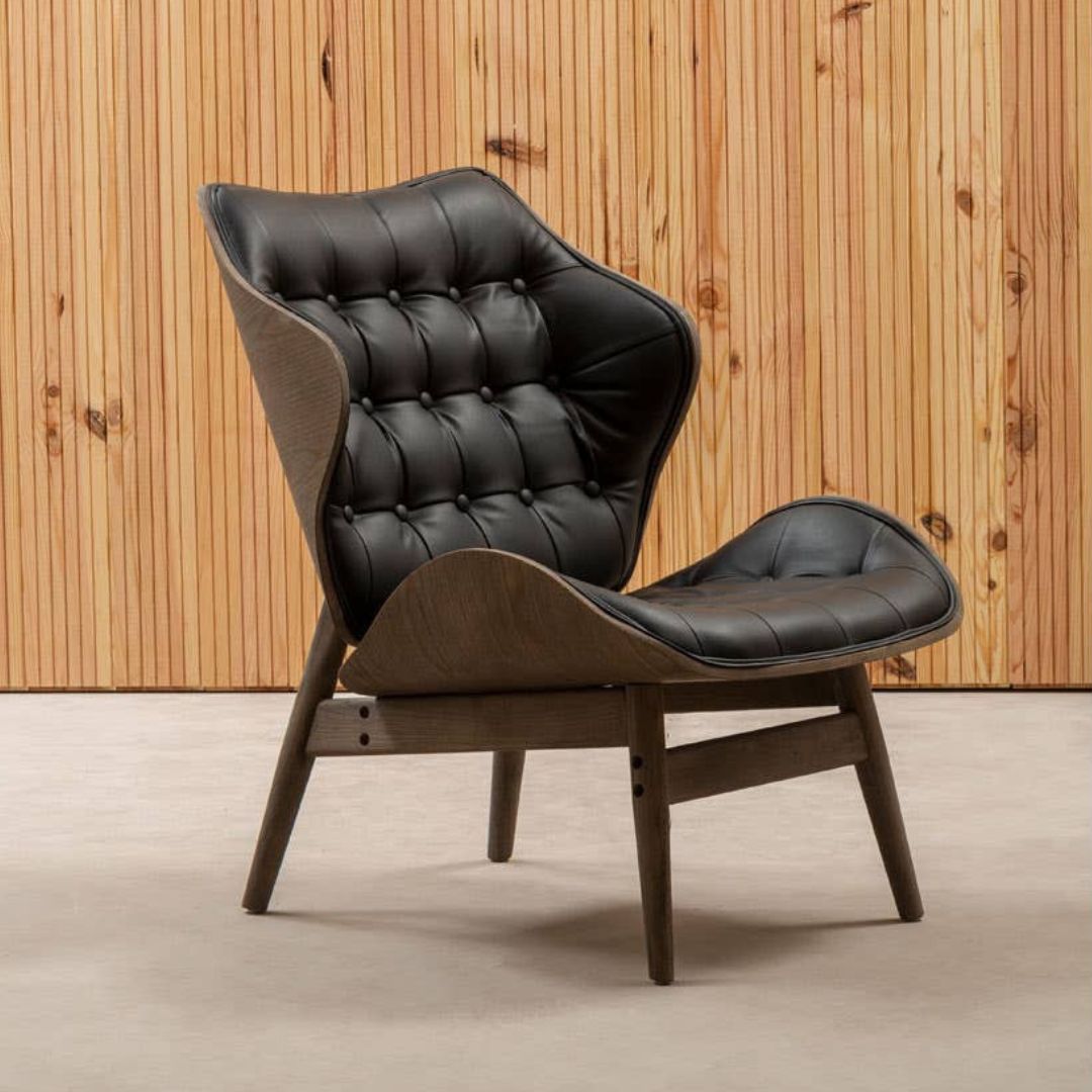 Carlton Tufted Sculptural Lounge Chair – Black Leather Effect &amp; Elmwood