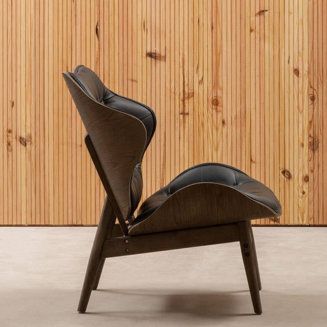 Carlton Tufted Sculptural Lounge Chair – Black Leather Effect &amp; Elmwood