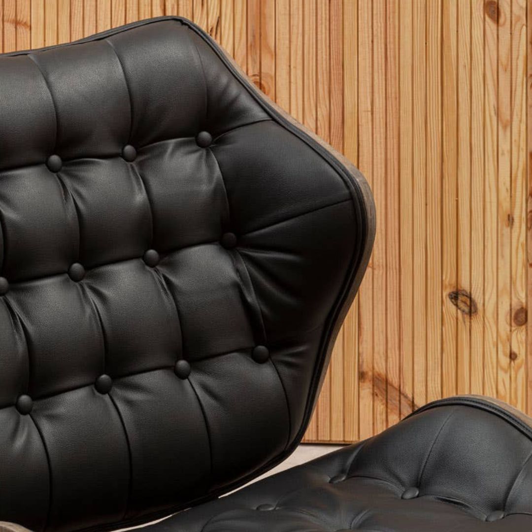 Carlton Tufted Sculptural Lounge Chair – Black Leather Effect &amp; Elmwood