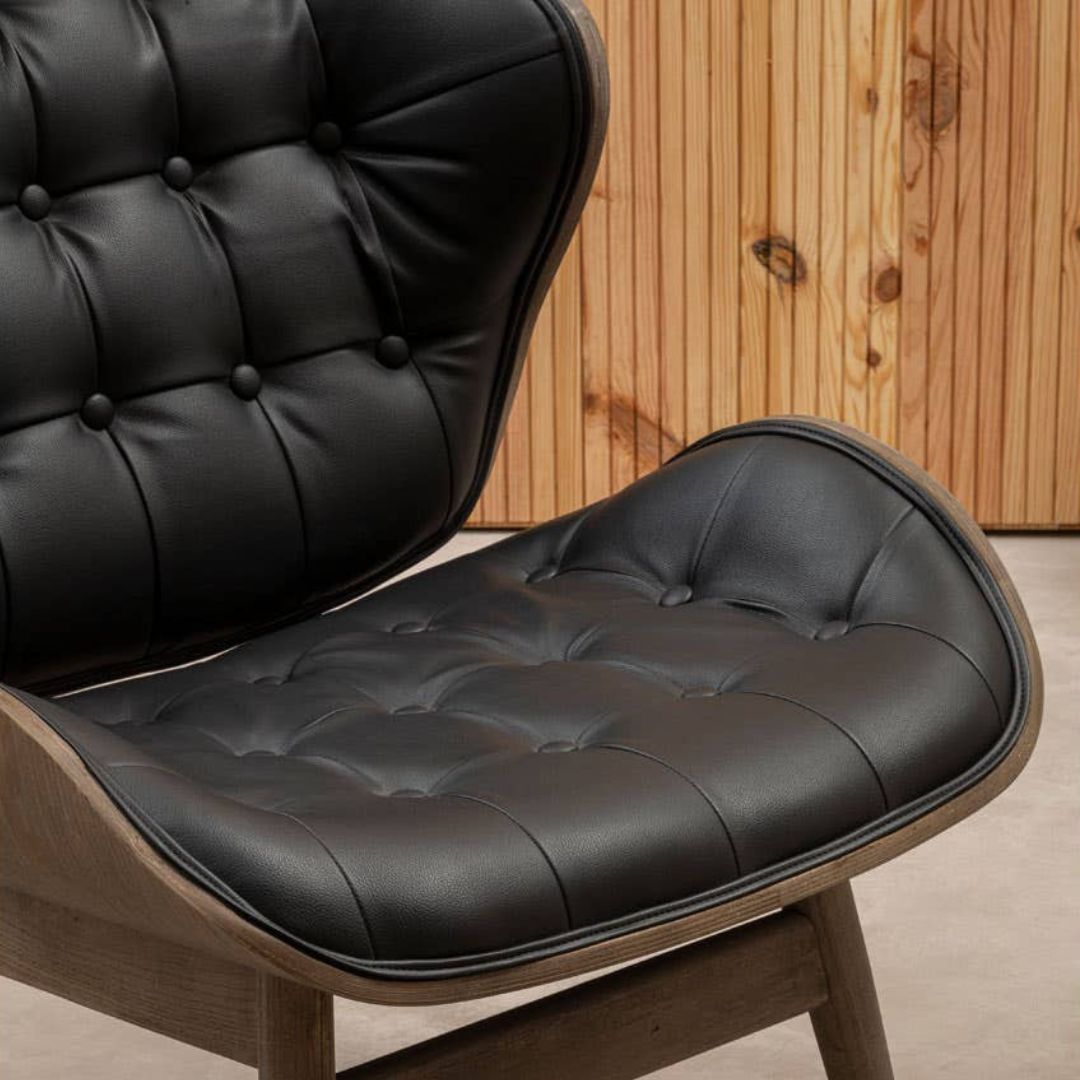 Carlton Tufted Sculptural Lounge Chair – Black Leather Effect &amp; Elmwood