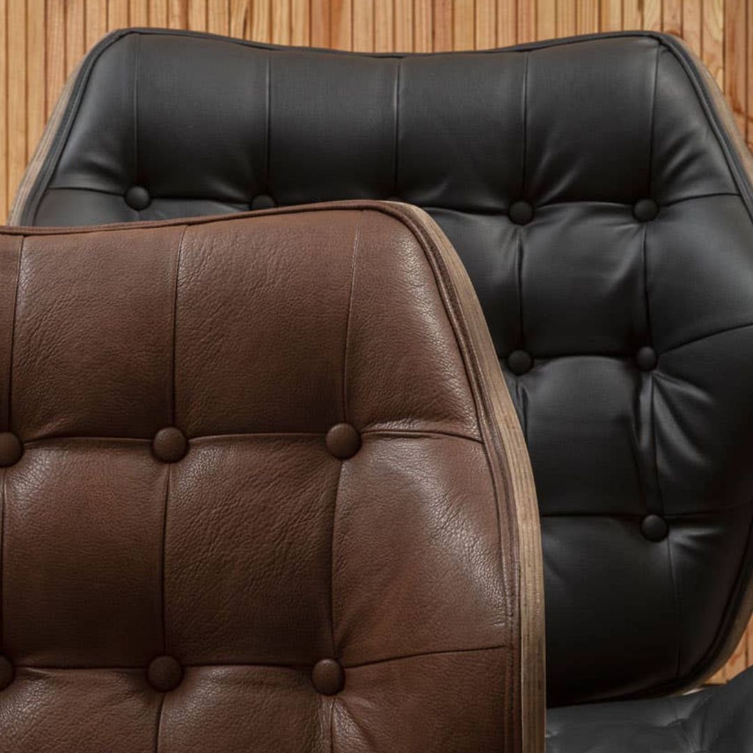 Carlton Tufted Sculptural Lounge Chair – Black Leather Effect &amp; Elmwood