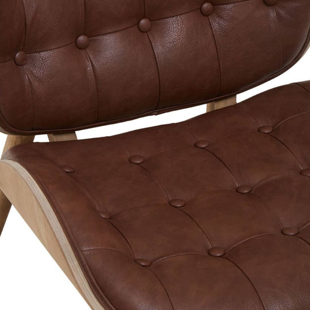 Carlton Tufted Sculptural Lounge Chair – Brown Leather Effect &amp; Elmwood - INSIDE HOUSE