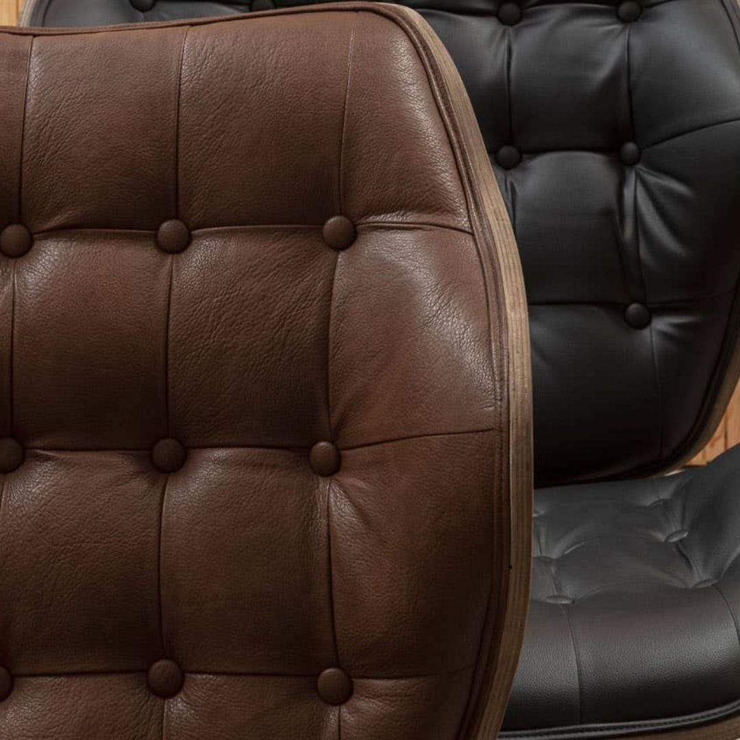 Carlton Tufted Sculptural Lounge Chair – Brown Leather Effect &amp; Elmwood - INSIDE HOUSE