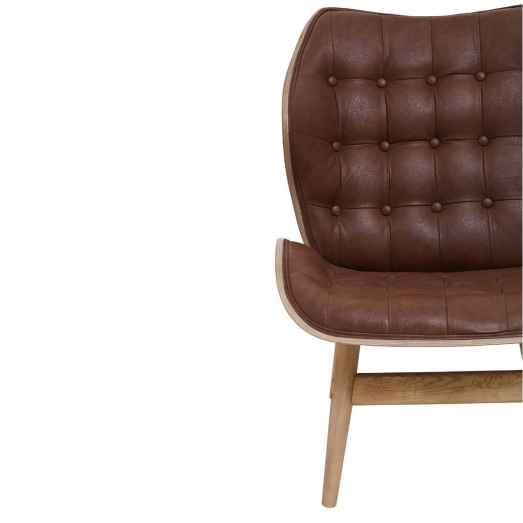 Carlton Tufted Sculptural Lounge Chair – Brown Leather Effect &amp; Elmwood - INSIDE HOUSE