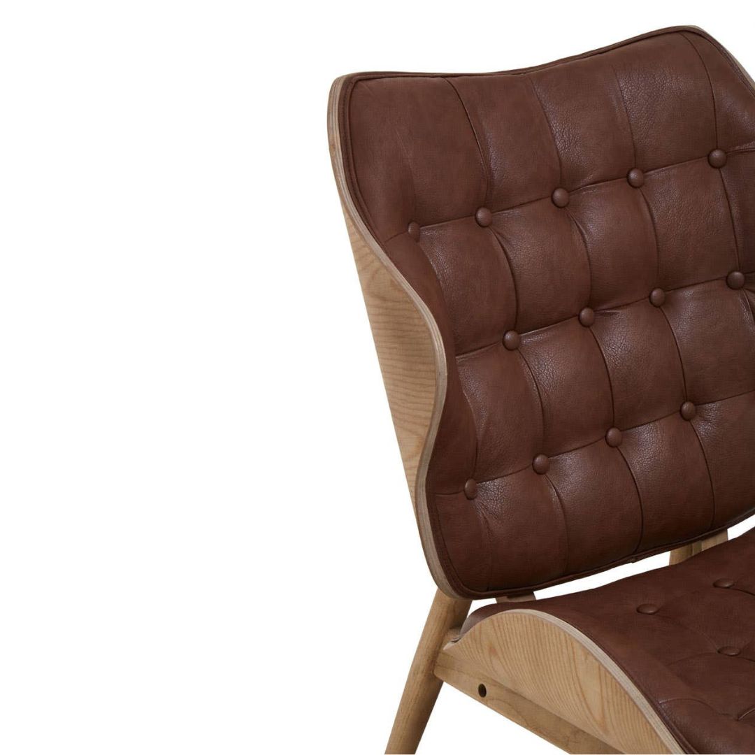 Carlton Tufted Sculptural Lounge Chair – Brown Leather Effect &amp; Elmwood - INSIDE HOUSE