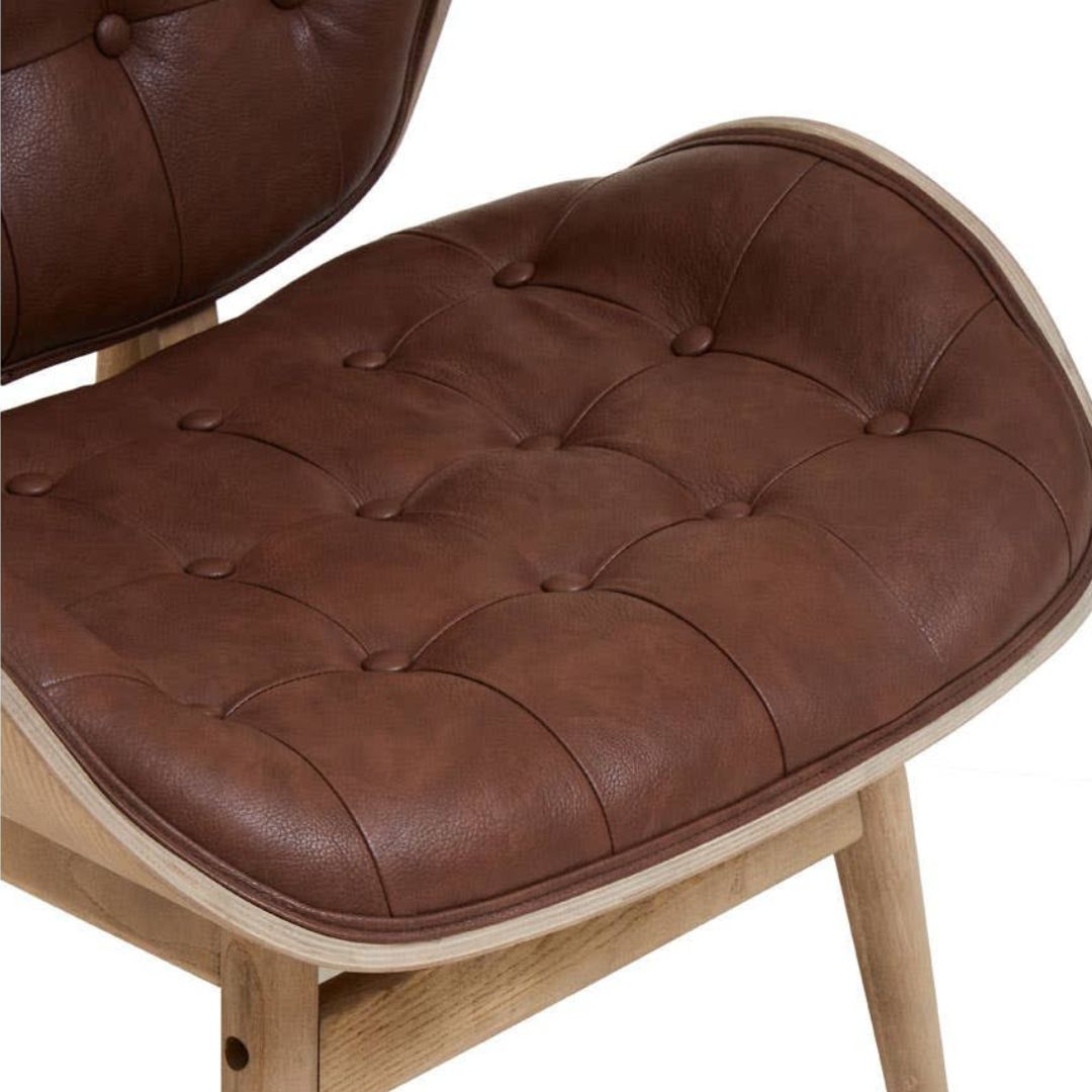 Carlton Tufted Sculptural Lounge Chair – Brown Leather Effect &amp; Elmwood - INSIDE HOUSE