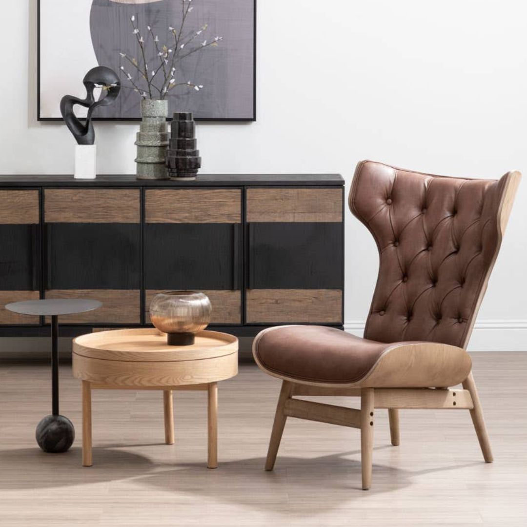 Carlton Tufted Wingback Lounge Chair – Brown Leather Effect &amp; Elmwood - INSIDE HOUSE