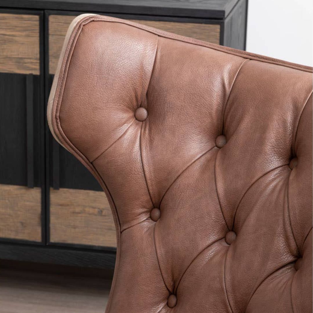 Carlton Tufted Wingback Lounge Chair – Brown Leather Effect &amp; Elmwood - INSIDE HOUSE