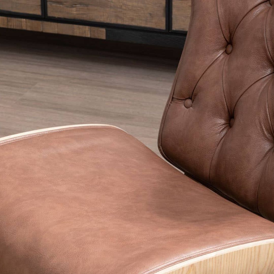 Carlton Tufted Wingback Lounge Chair – Brown Leather Effect &amp; Elmwood - INSIDE HOUSE