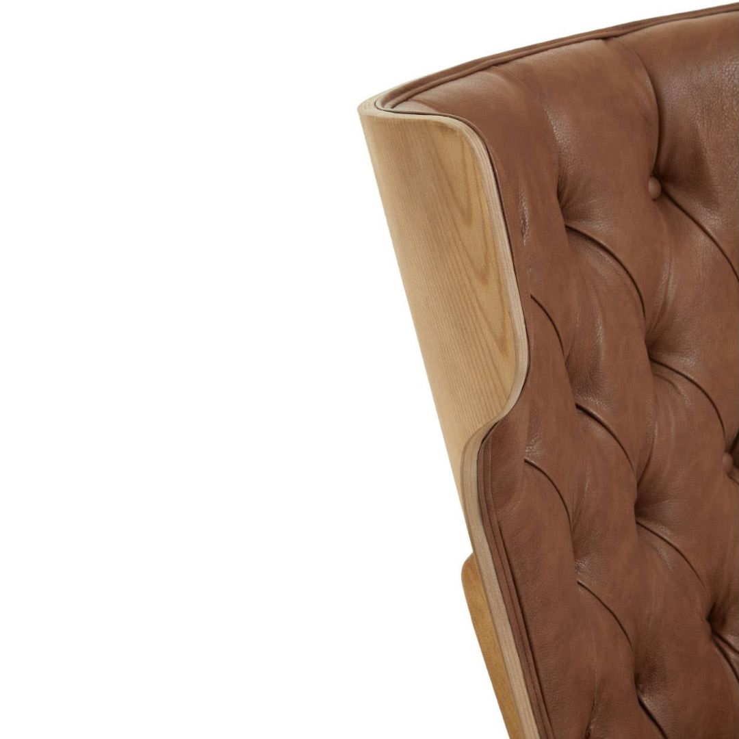 Carlton Tufted Wingback Lounge Chair – Brown Leather Effect &amp; Elmwood - INSIDE HOUSE